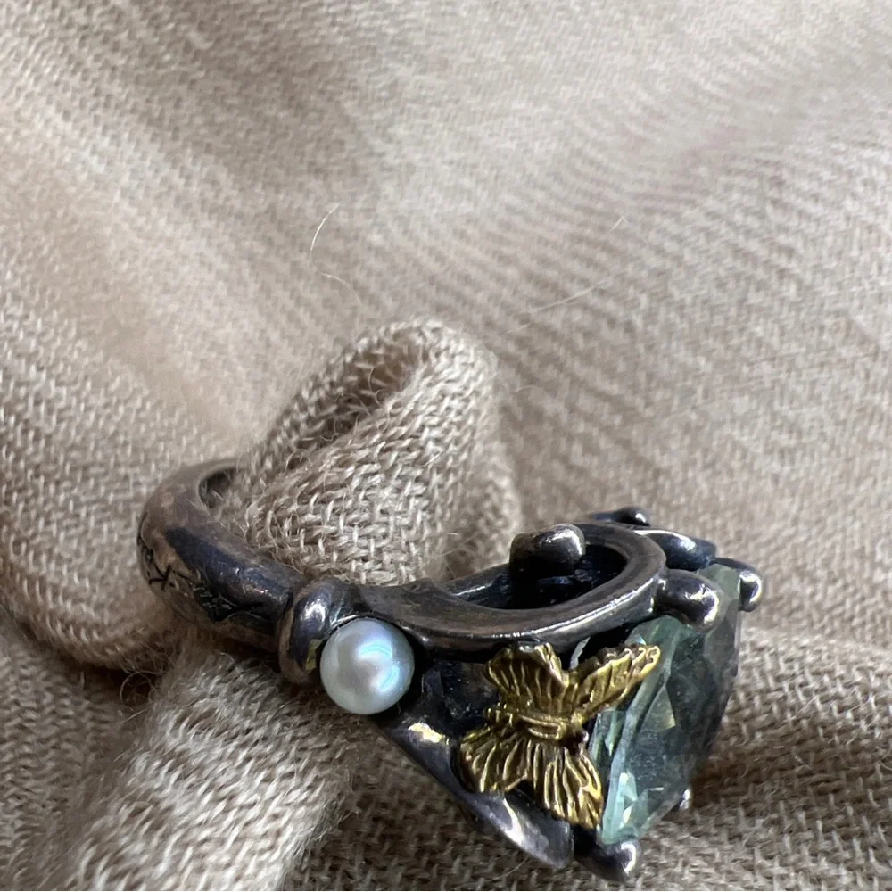 Ann king sterling silver 18K green amethyst/prasiolite pearl butterfly ring - Picture 4 of 16